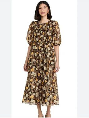 Rebecca Taylor Daphne Fleur Silk-Cotton Brown Floral Puff Sleeve Midi Dress-Sz M